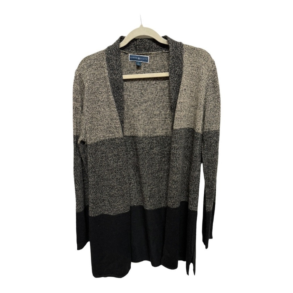 Color Block Minimalist Monochrome Long Open Front Acrylic Long Sweater Size L